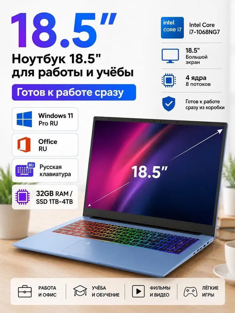 18.5" большой экран ноутбук intel core i7для работы, учебы и фильмов Игровой ноутбук 18.5", Intel Core i7-1068NG7, RAM 32 ГБ, SSD 512 ГБ, Intel Iris Plus Graphics G7, Windows Pro, голубой, Русская раскладка