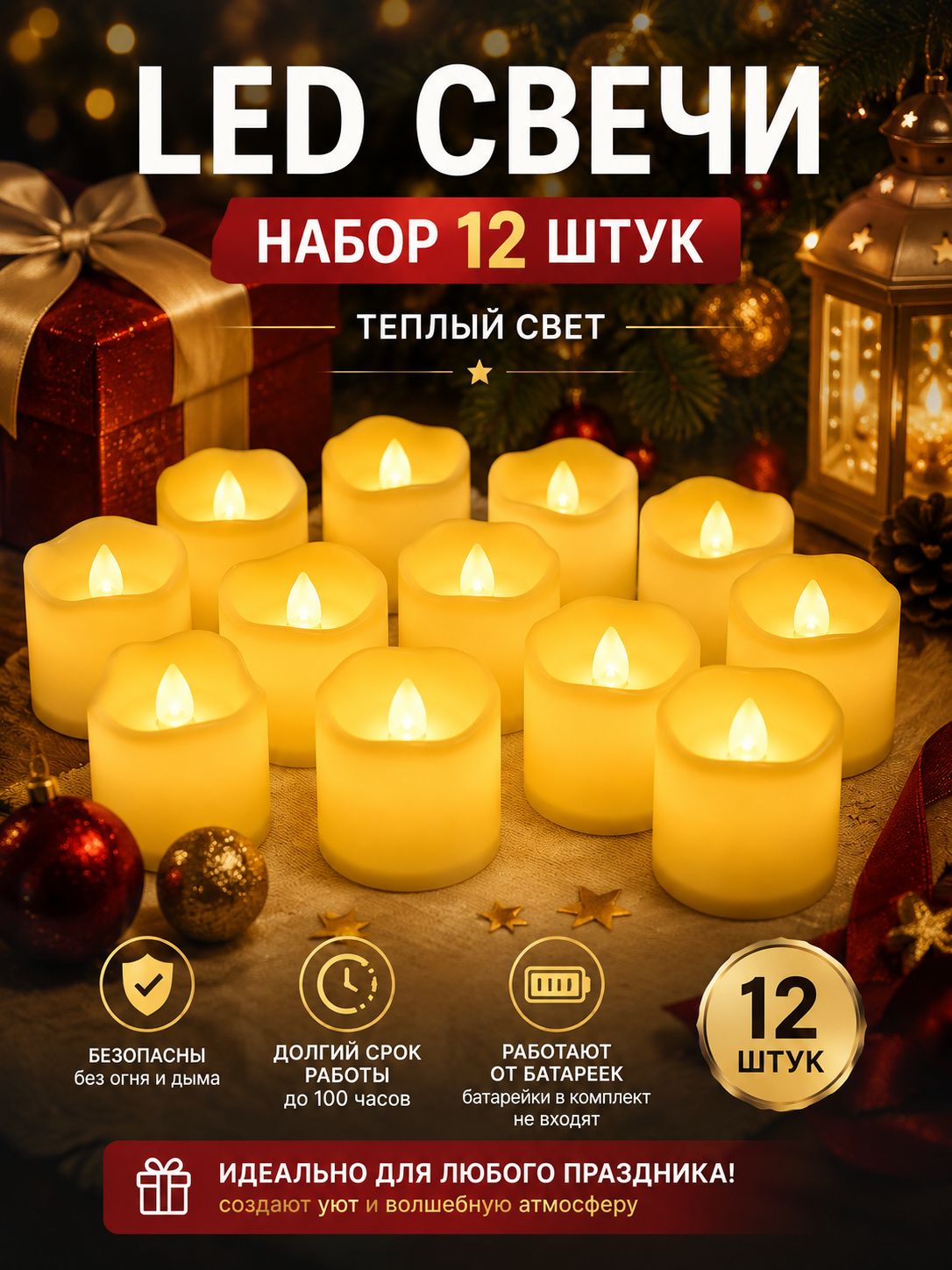 Набор светодиодных свечей с имитацией воска 12 штук. Свечи на батарейках. вечеринки, свидания, романтики Декор на Хэллоуин и Новый год свадьба.