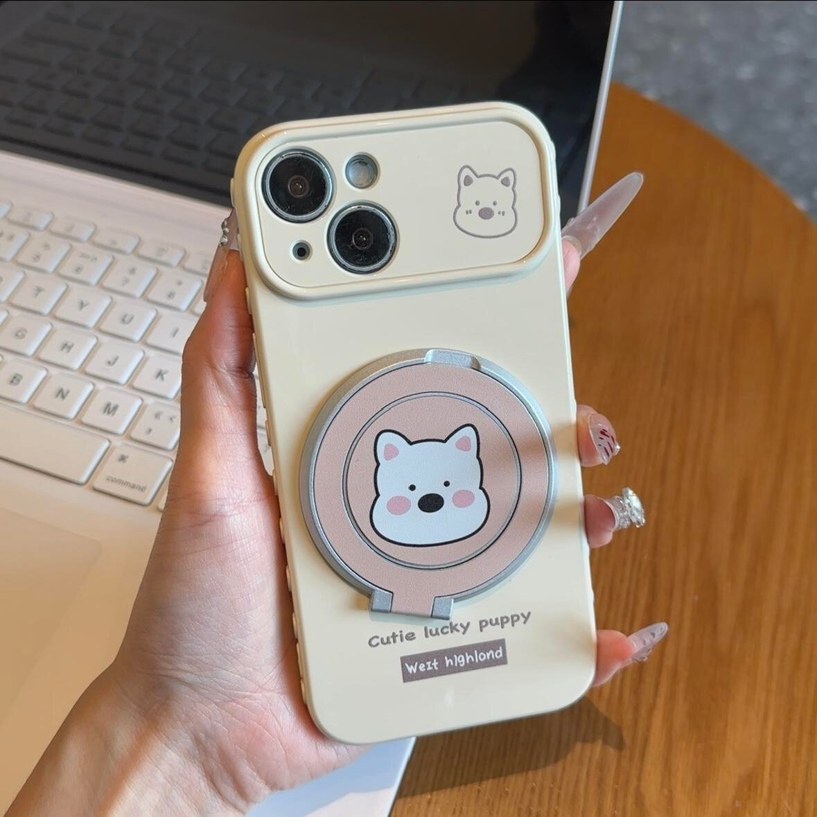 Чехол на iPhone 17 Air с вращающейся подставкой и милым щенком вест-хайленд прозрачным окошком в форме сердца бежевый