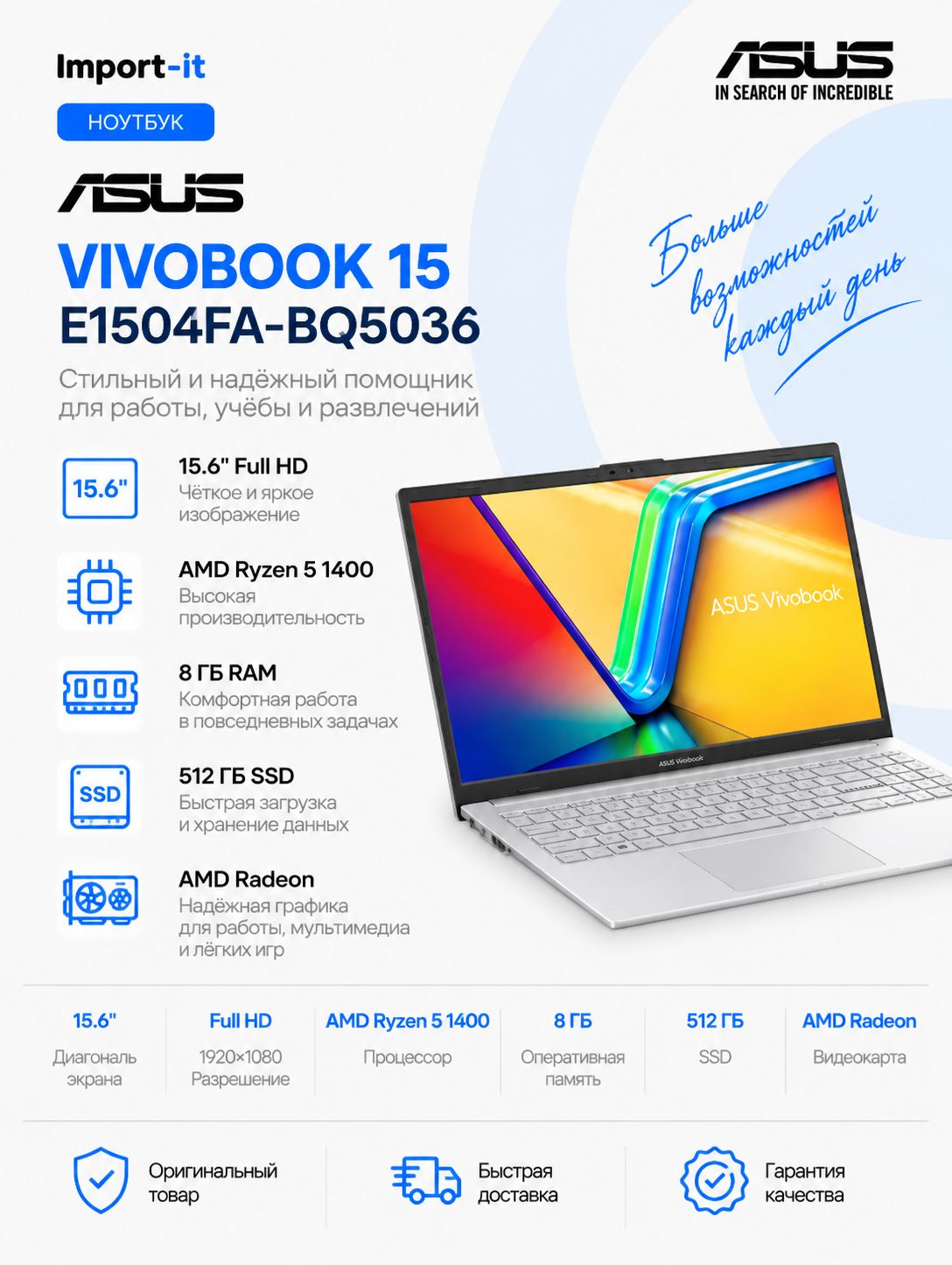 ASUS E1504FA-BQ5036 Ноутбук 15.60", RAM 8 ГБ, SSD 512 ГБ, AMD Radeon 610M, Без системы, (90NB0ZR1-M07490), серебристый, Русская раскладка