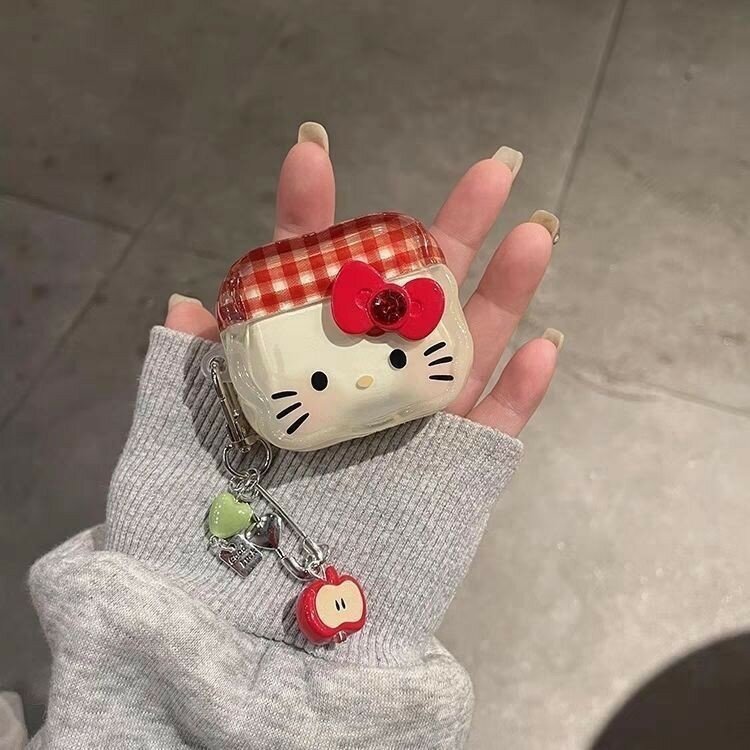 Чехол для наушников AirPods Hello Kitty в клетку с объемным бантом, подходит для AirPods 1/2/3/4, Pro2, Pro3