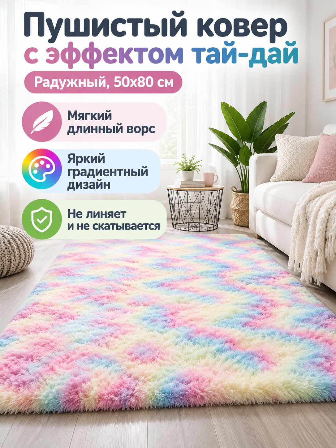 Ковер длинноворсовый с эффектом тай-дай, 50x80 см, радужный, для гостиной и спальни