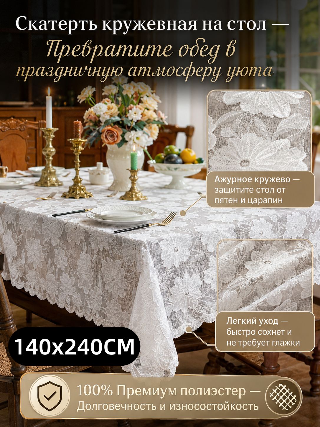 STARLEK Скатерть 140x240 см полиэстер пятнозащитная пропитка слоновая кость