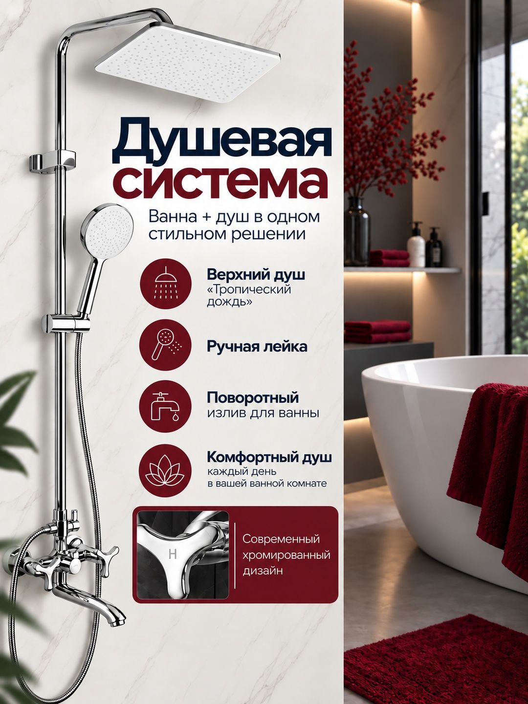 Душевая система с тропическим душем и смесителем, тропический душ, комплект NAVITER SDC80-533 хром