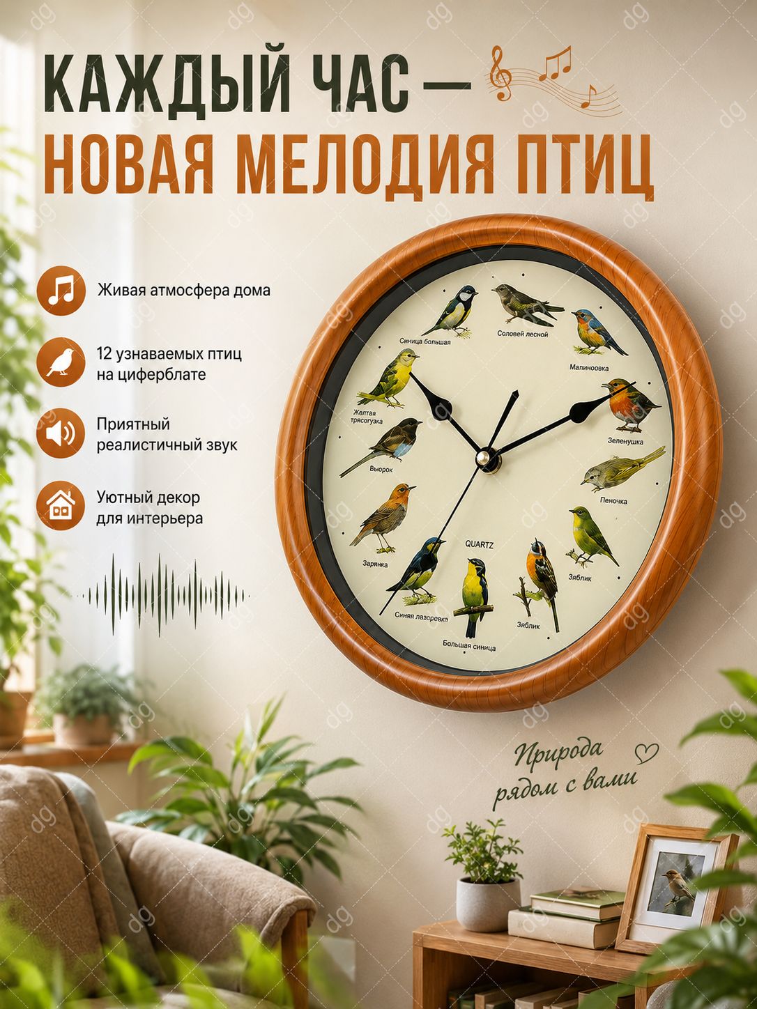 Настенные часы "часы с пением птиц настенные" 32 см х 32.02 см бесшумный механизм коричневый