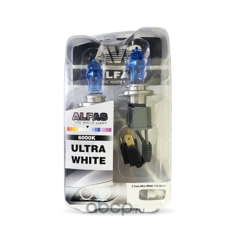Лампа газонаполненная H4 12V 75/85W (P43t) 6000К ультра белый +T10 AVS ALFAS (к-т 2 + 2шт) A07244S Avs Industrial Co A07244S