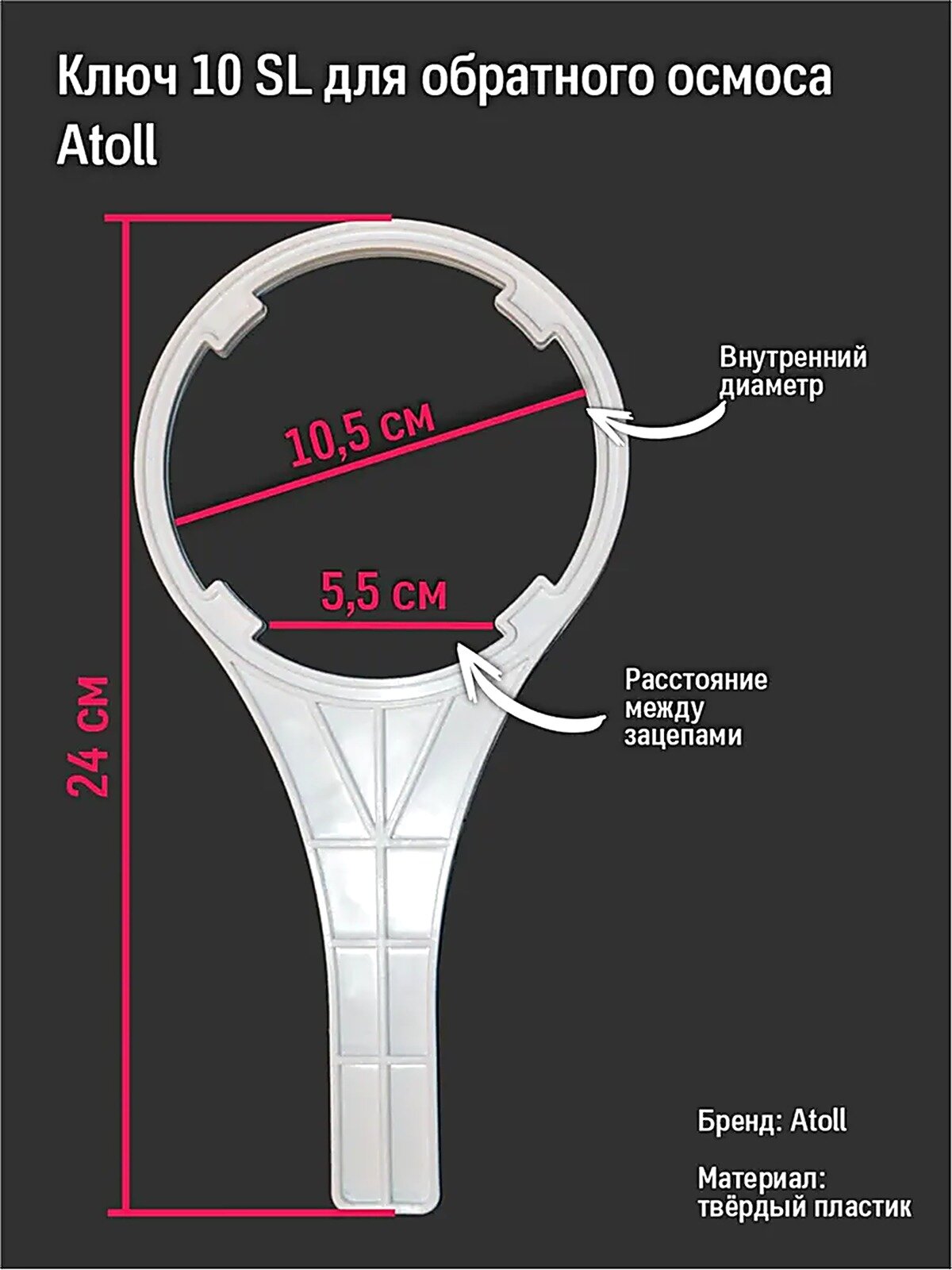 Ключ для колб обратного осмоса и проточных систем Raifil, Atoll Aqua PRO и др. стандарта 10 SL с продольными ребрами жесткости