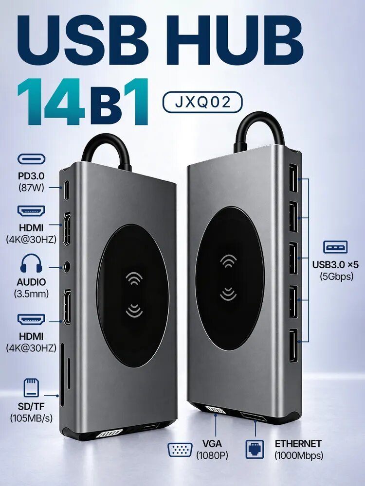 USB Hub 14 в 1, док-станция для ноутбука, USB-C концентратор, переходник Type-C, 2 HDMI, VGA, RJ45, PD 87 Вт, Qi