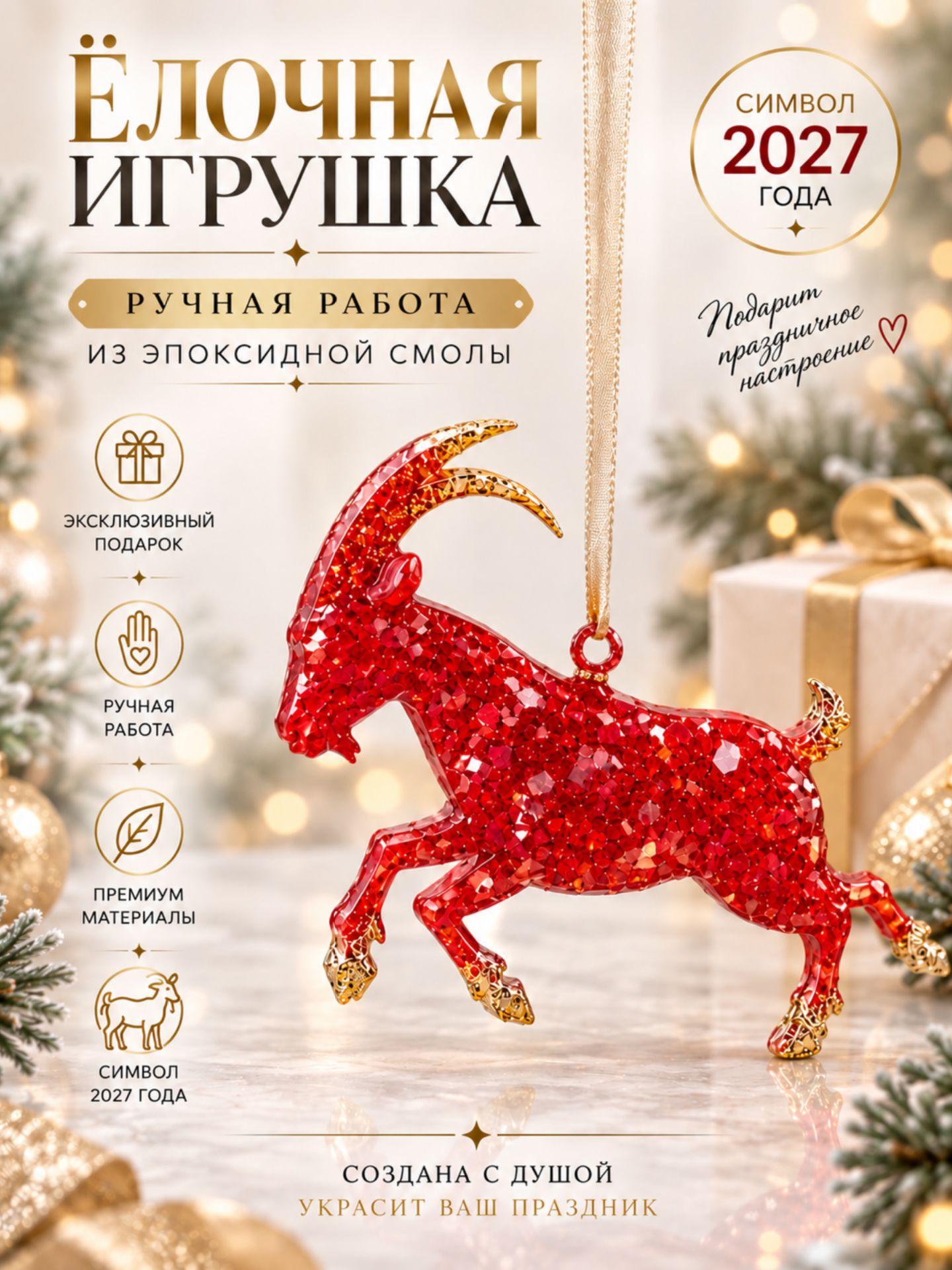 Ёлочное украшение огненый Козёл символ 2027 года
