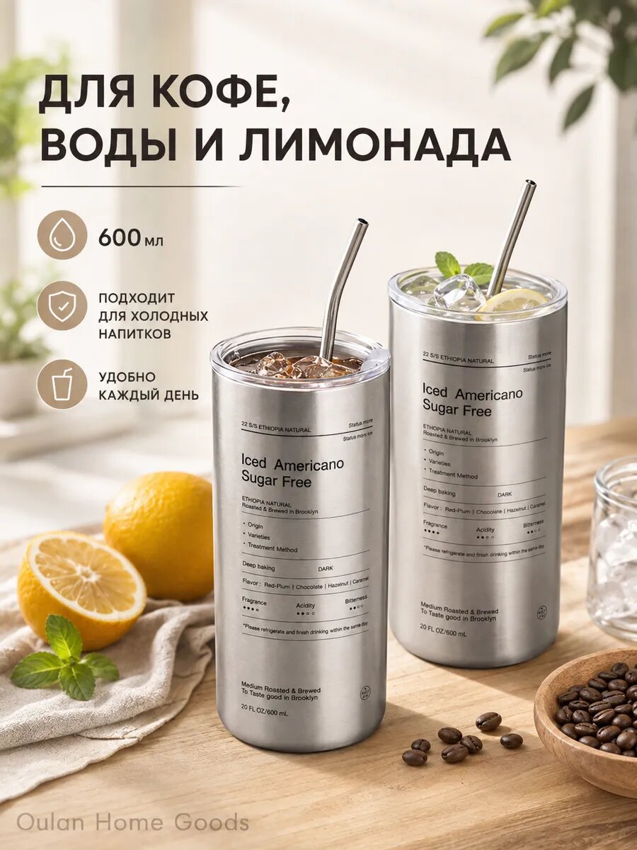 Термокружка для кофе 600 мл для офиса и прогулок из стали