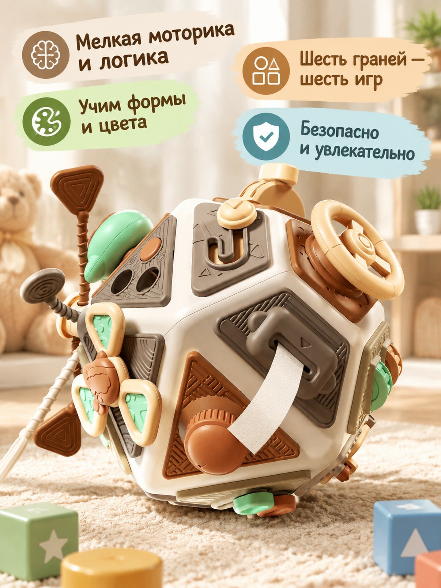 Развивающая игрушка-сортер многофункциональный бизикуб для малышей, Цвет: кофейный