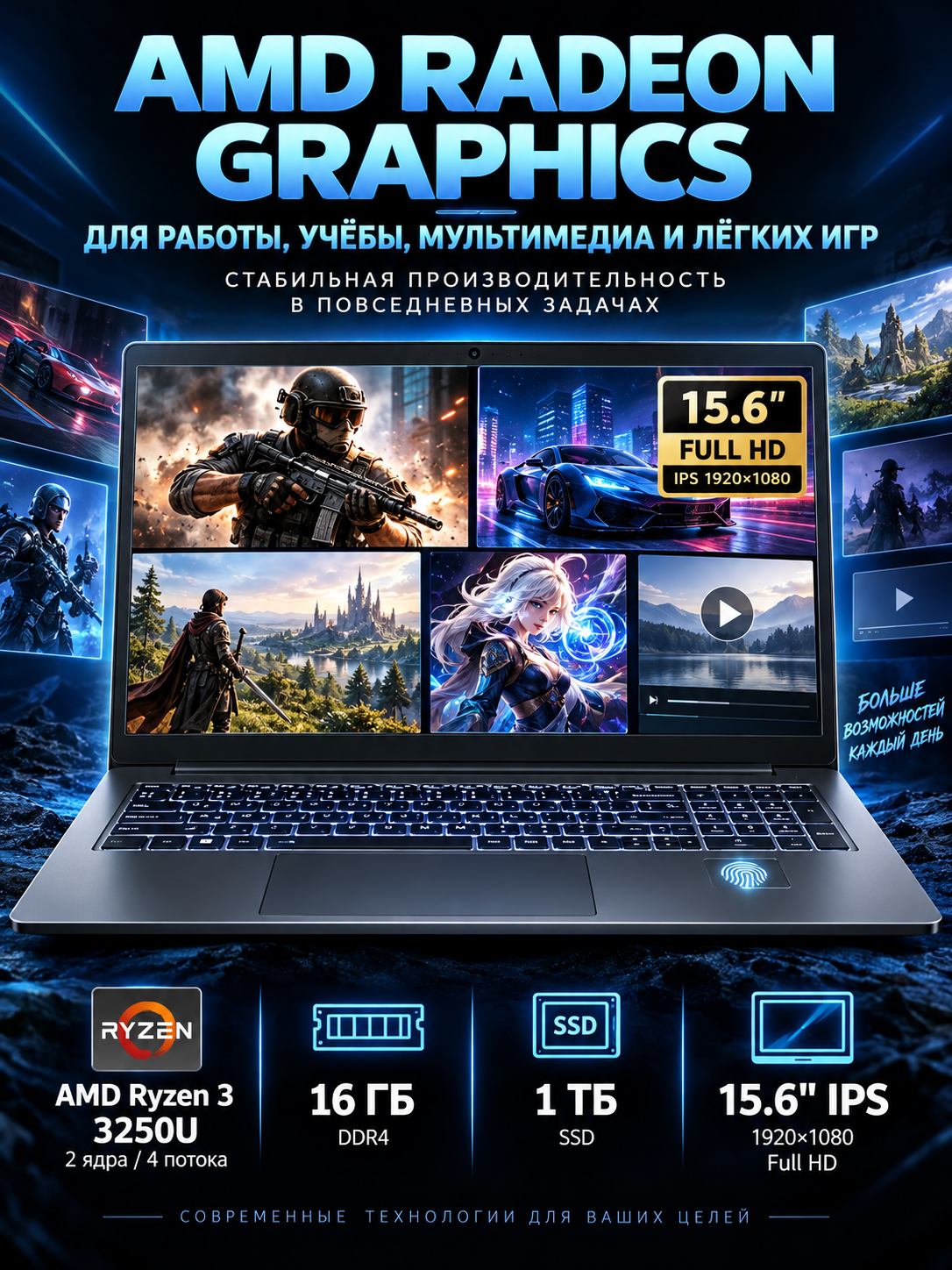 Мощный Ноутбук для работы и учебы с подсветкой, 15.6", RAM 16 ГБ, SSD 1024 GB Windows 11 Pro, Русская — фото 1