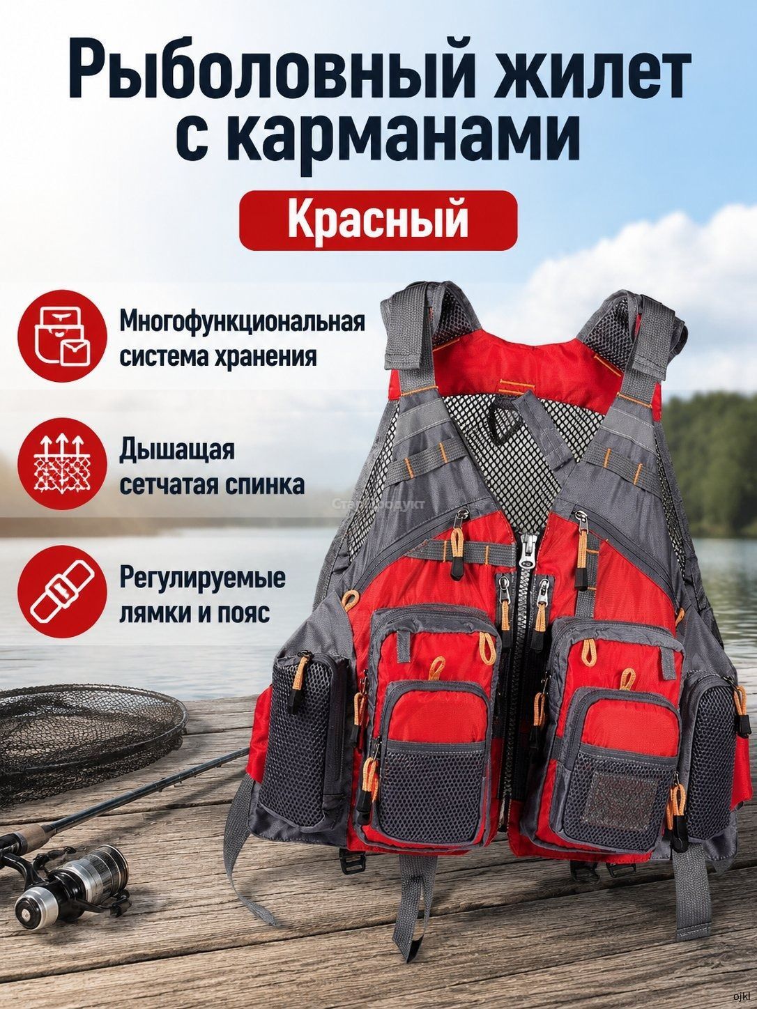 Рыбацкий жилет унисекс с множеством карманов: сетчатые и на молнии, дышащая сетка на спине, регулируемые лямки красный