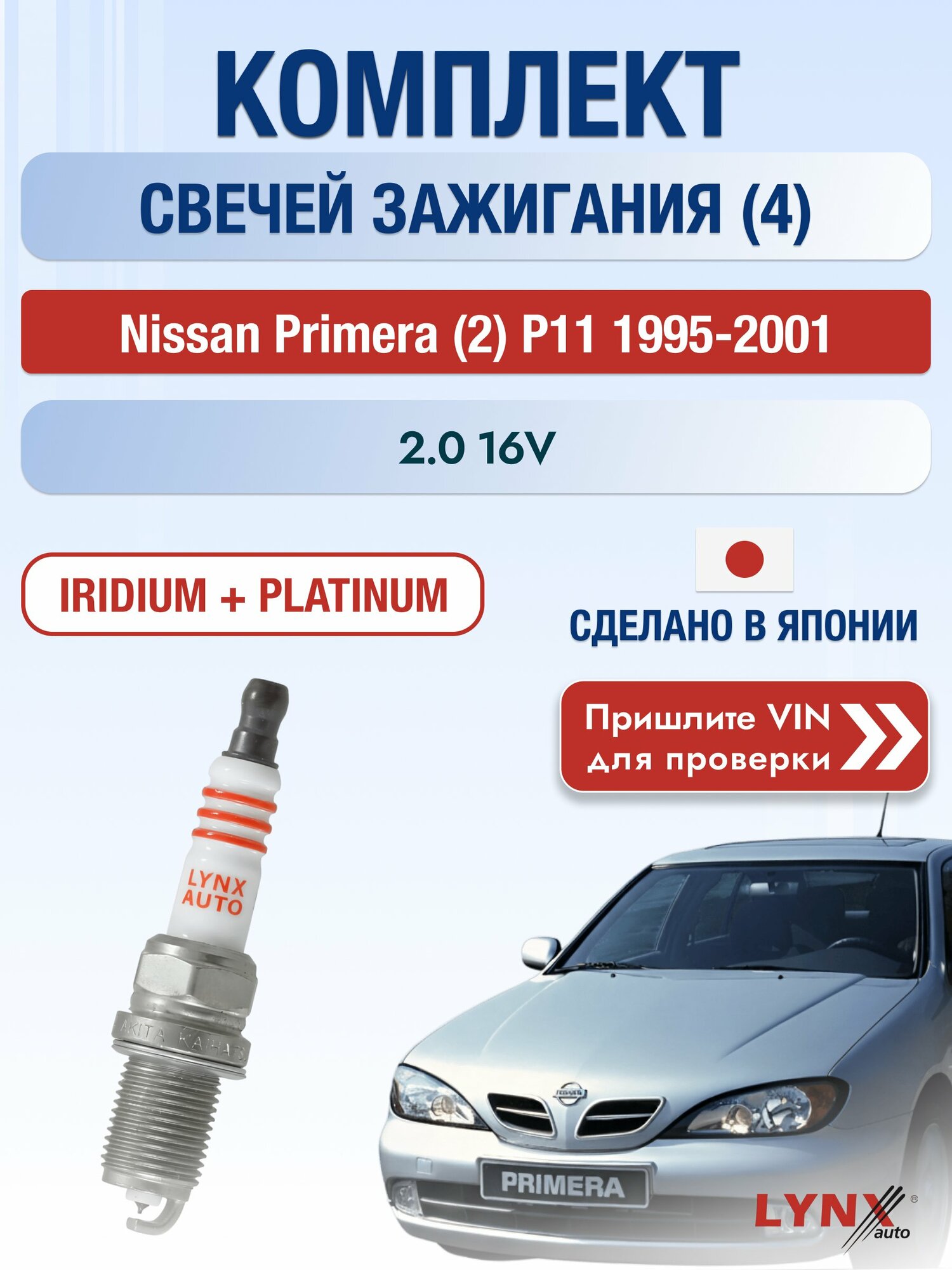 Свечи зажигания на Nissan Primera (2) P11, комплект 4 шт / 1995-2001 / Двигатель 2.0 16V (SR20DE) SR20DE SР-358 LYNXauto