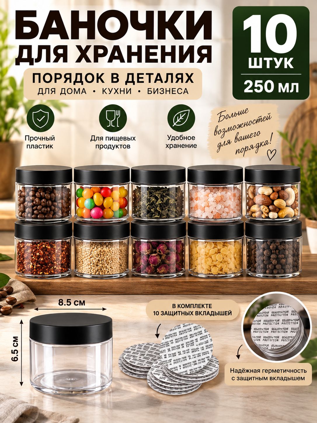 Банка для сыпучих продуктов 250 мл 10 шт abs пластик