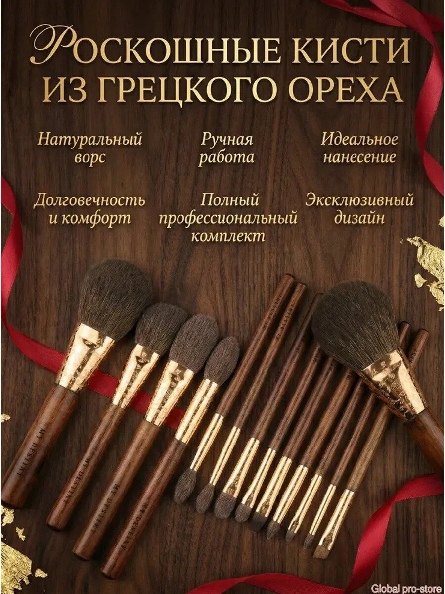 Кисть косметическая коричневая с натуральным ворсом из белки, козы и грецкого ореха