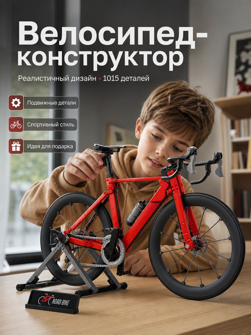 Конструктор велосипед, гоночный велосипед из блоков, коллекционная модель 1015 деталей, подарок подростку и взрослому