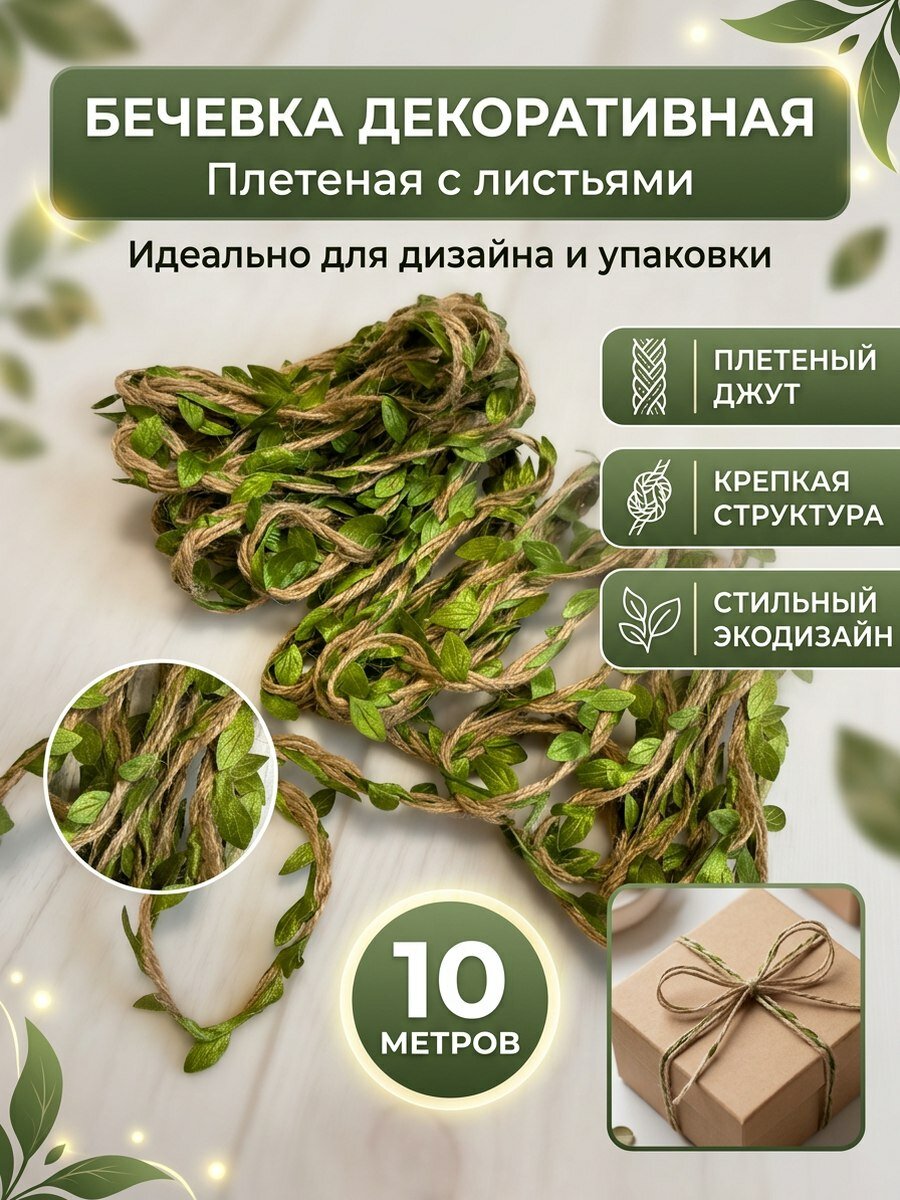 Бечевка с листьями 10 м / тесьма джут веревка шпагат для рукоделия c листочками