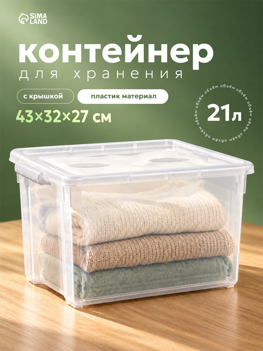 Контейнер для хранения Porter, 21 л, 43×32×27 см, пластик, с крышкой, прозрачный