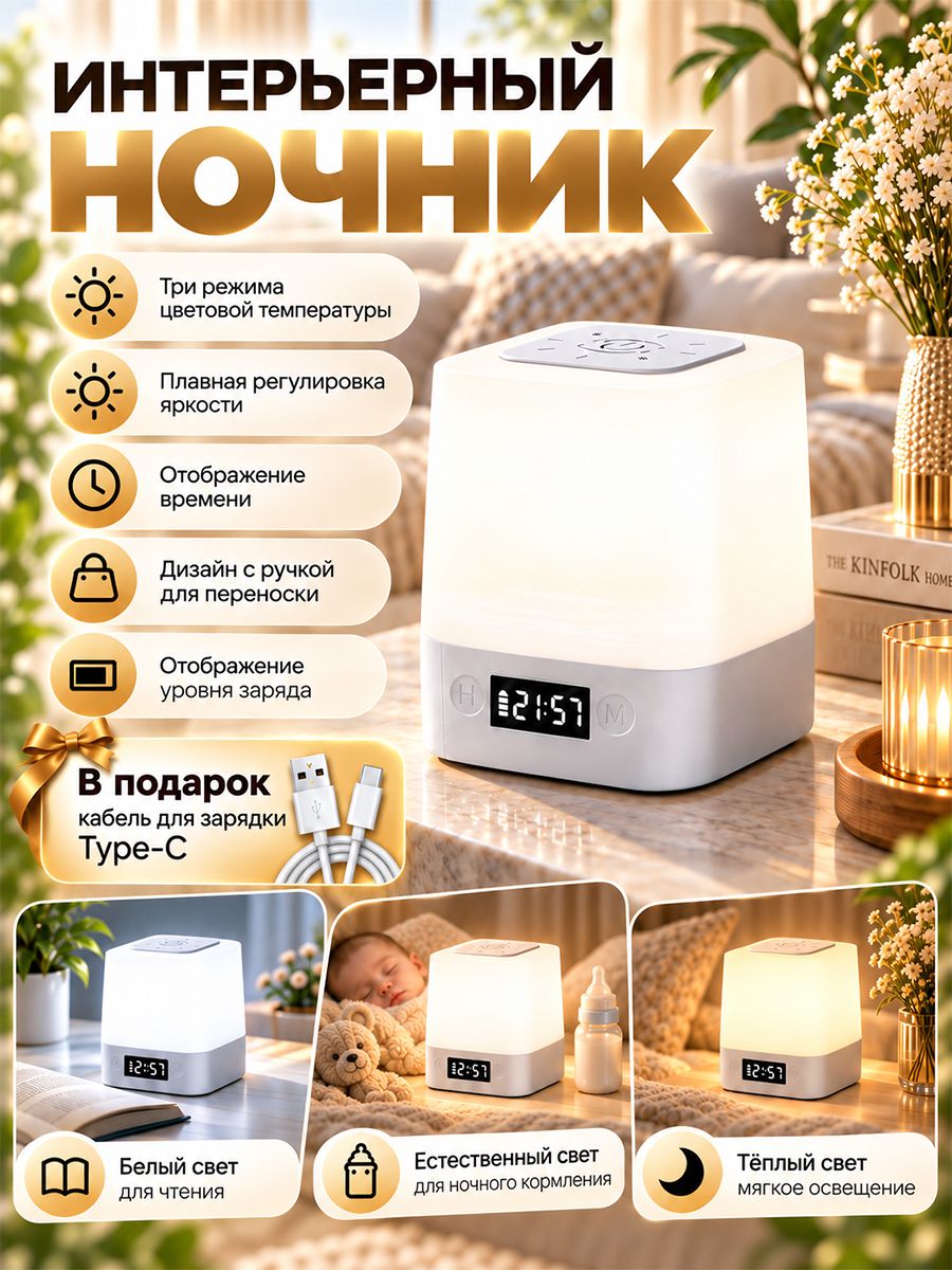 Ночник светильник настольный беспроводной для дома в спальню, детский ночник на аккумуляторе для мальчиков и девочек