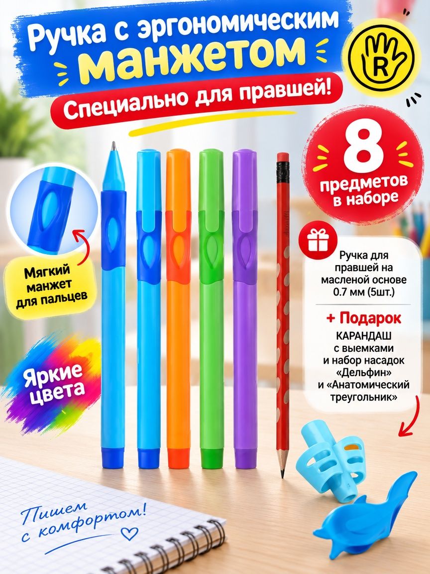 Ручка для правшей на масленой основе 0.7 мм (5шт.) + Подарок карандаш с выемками и набор насадок "Дельфин" и "Анатомический треугольник"