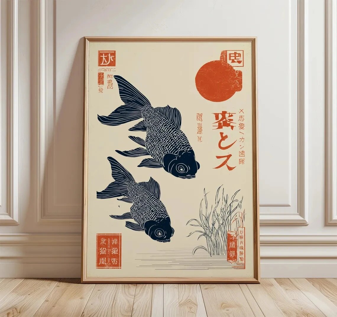Японский винтажный постер с красным карпом кои на холсте 20x30cm Unframed