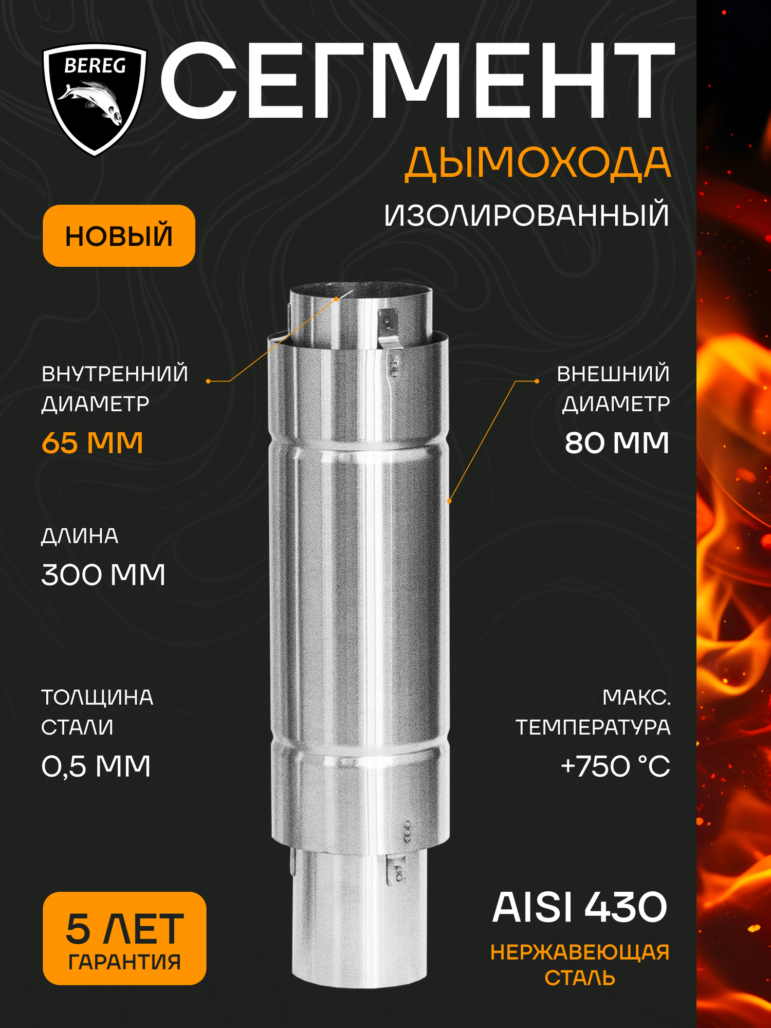 Сегмент дымохода изолированный 65 мм