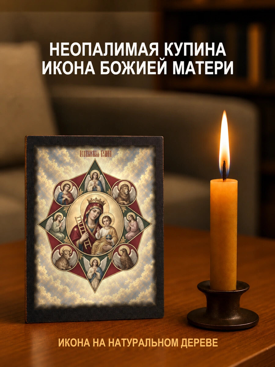 Икона «Неопалимая Купина икона Божией Матери» на натуральном дереве, 10×12 см, храмовая живопись, потёртое золото
