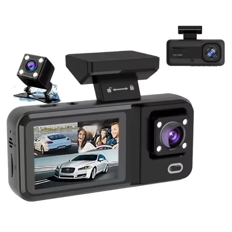 Front + Inside + Rear Видеорегистратор G98 HD 1080P с инфракрасным экраном, характеристики: передняя + внутренняя + задняя камеры.