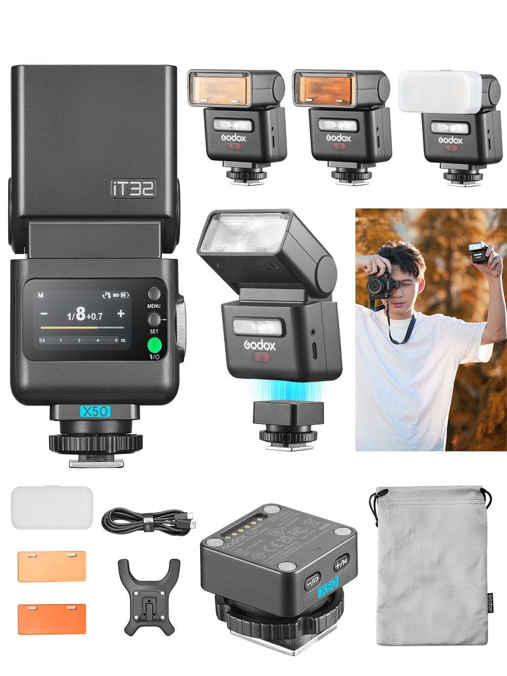 Вспышка GODOX iT32 TTL с триггером X5O для Olympus. Магнитное съемное крепление, мгновенное переключение On/Off, ЖК сенсорный экран, TTL, HSS, 2.4 ГГц, GN18, переработка 1.5 с