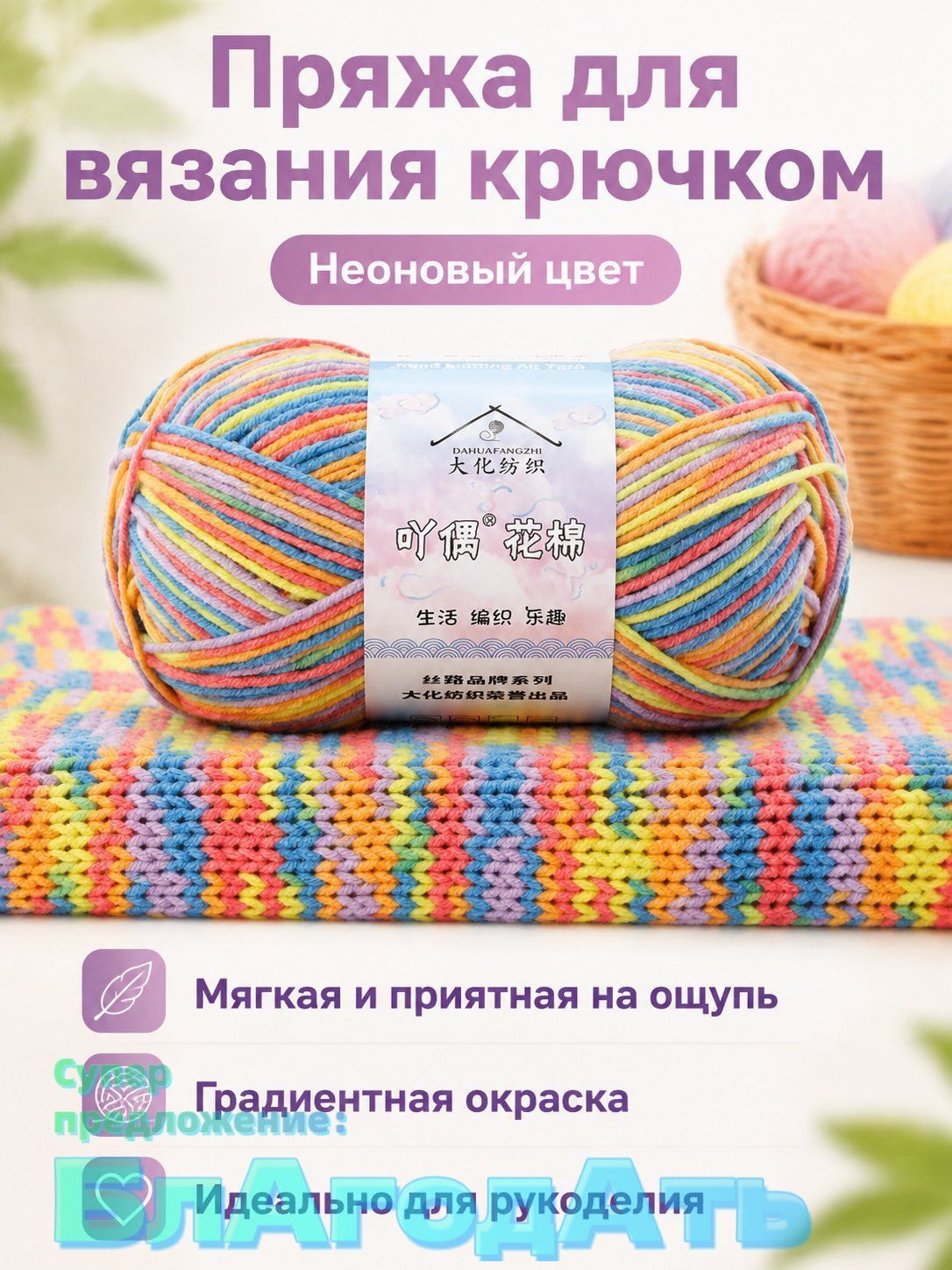 Пряжа для вязания молочная хлопковая градиентная 4-нитка, цвет 06 Неон