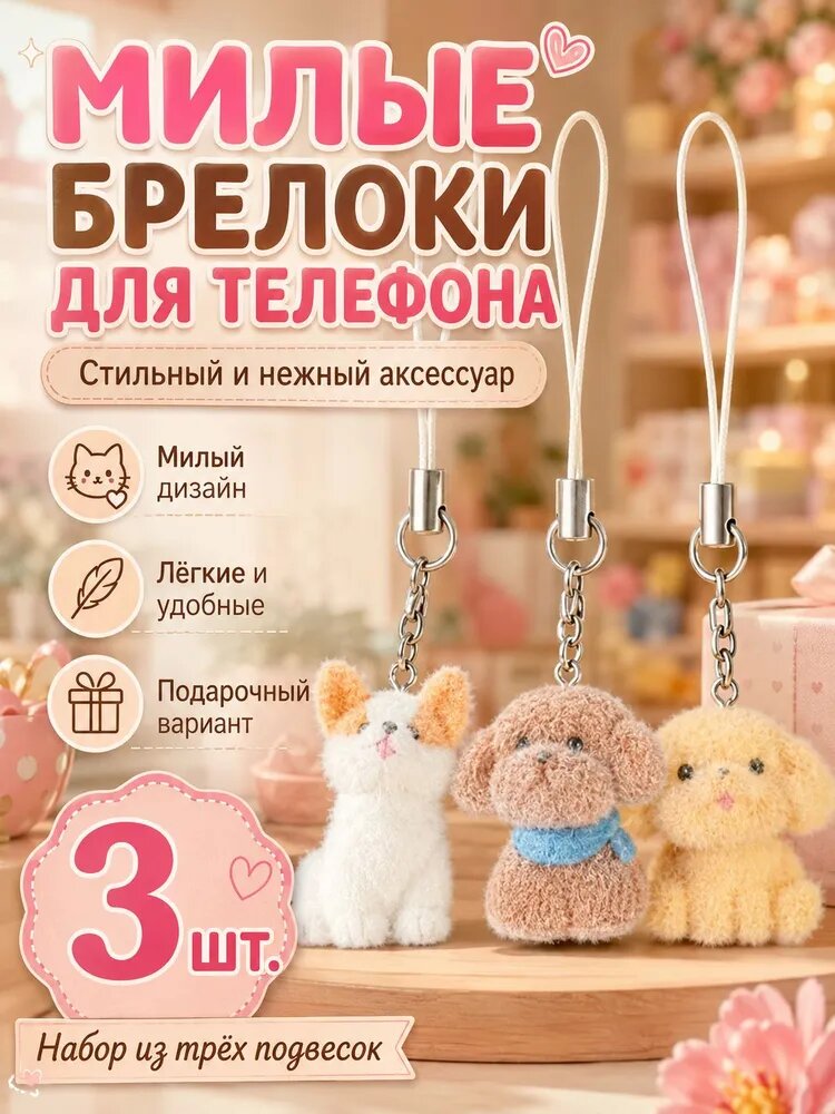3 шт. Милый щенок. Брелок на телефон, ключи, рюкзак, сумку. Украшение на чехол для телефона. Подвеска на мобильный