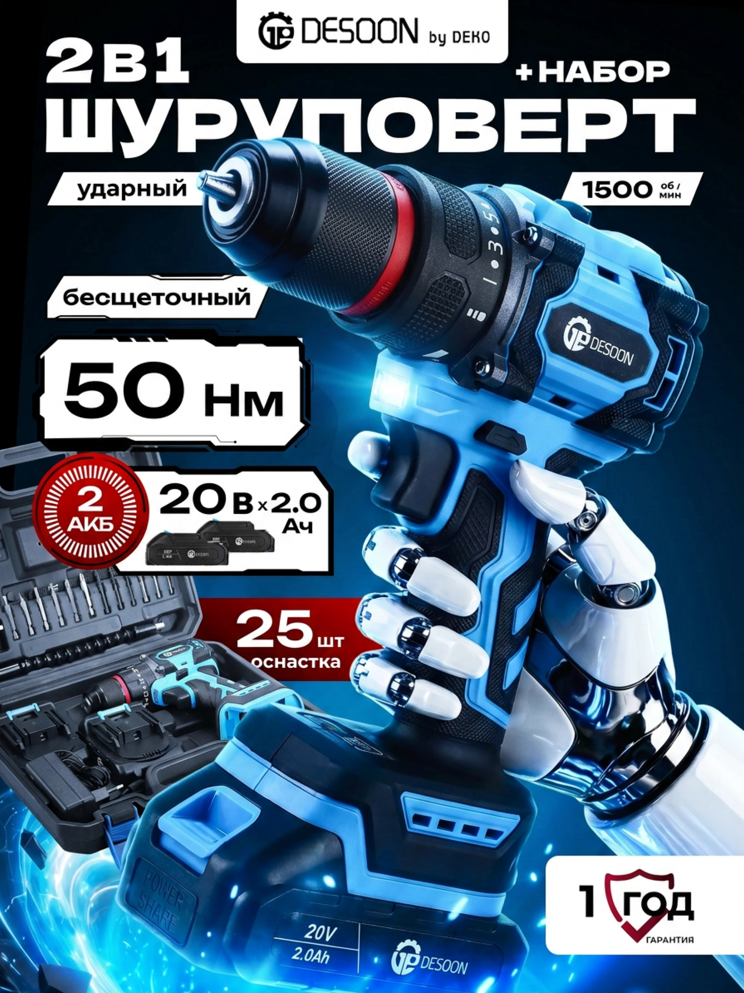 Шуруповерт аккумуляторный бесщеточный DESOON в кейсе 20В, 42 Нм, 2х2.0Ач, оснастка / дрель-шуруповёрт