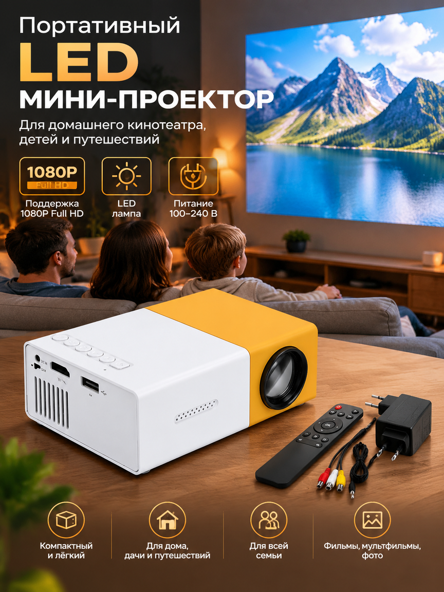Портативный LED мини-проектор 1080P Full HD для домашнего кинотеатра, белый с желтым, 100–240 В