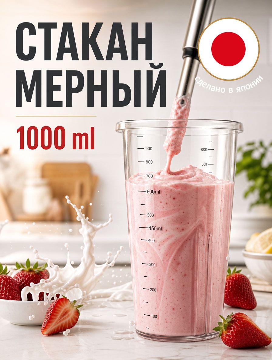 Емкость мерная стакан для погружного блендера 1000 мл прозрачная пластиковая, с объемной разметкой, для смузи и коктейлей