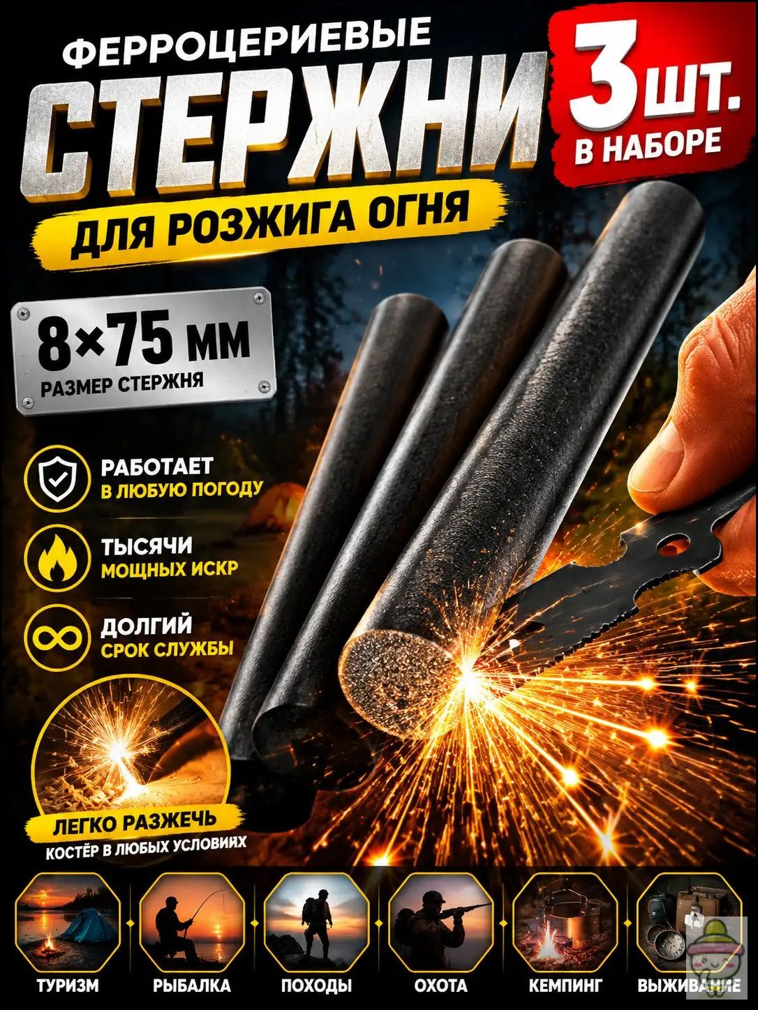 Ферроцериевый стержень 8 75 мм, 3 шт, сменный стержень для огнива, туристический кремень, для розжига костра, походов, рыбалки и выживания