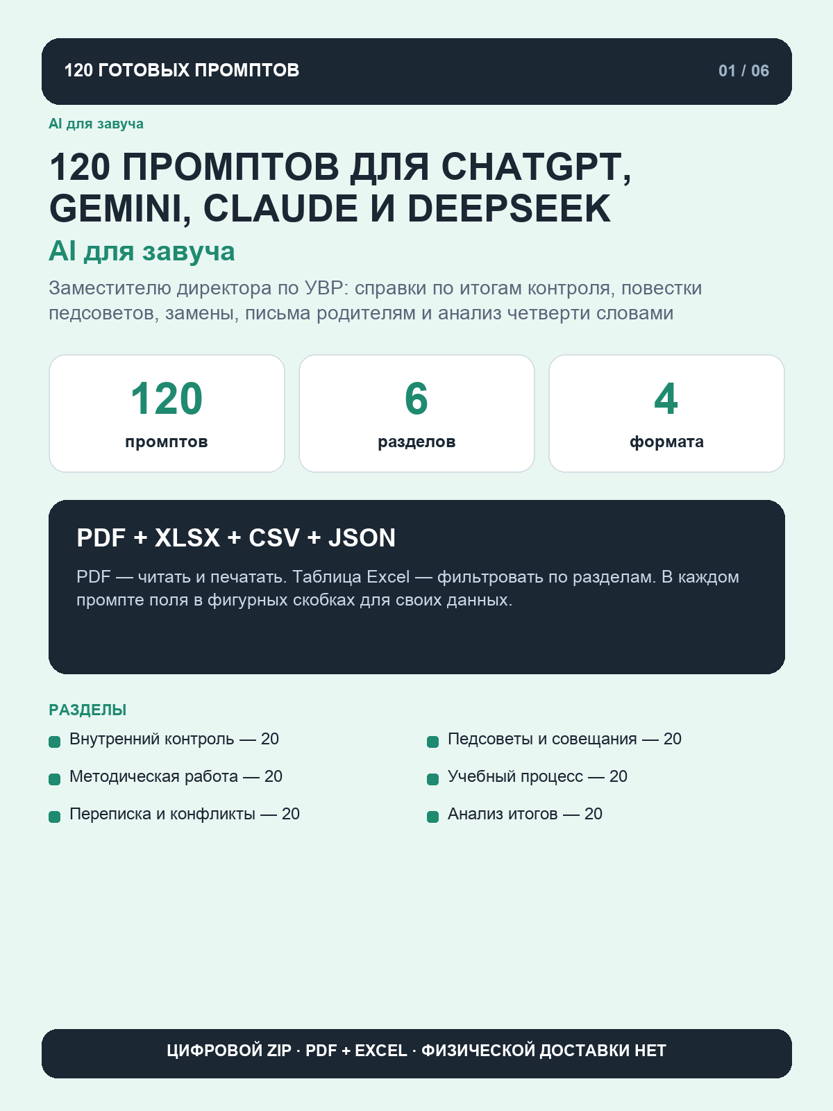 AI для завуча: 120 промптов для ChatGPT, Gemini, Claude и DeepSeek, цифровая книга PDF A4