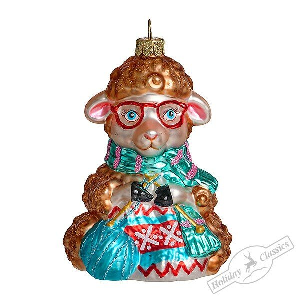 Елочная игрушка Овечка с вязаньем золотая, 10см