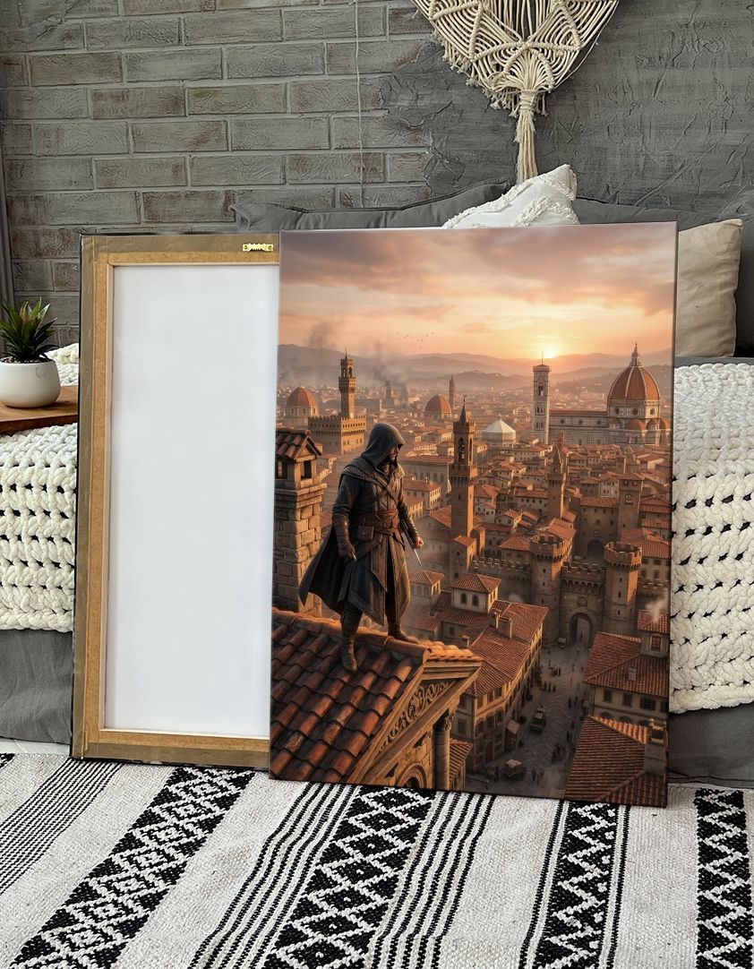Картина на холсте (Ассасин, Эцио Аудиторе, Assassin's Creed, Флоренция, Дуомо, Санта-Мария-дель-Фьоре, башня Джотто) 40x60 см. Интерьерная на стену. Укра
