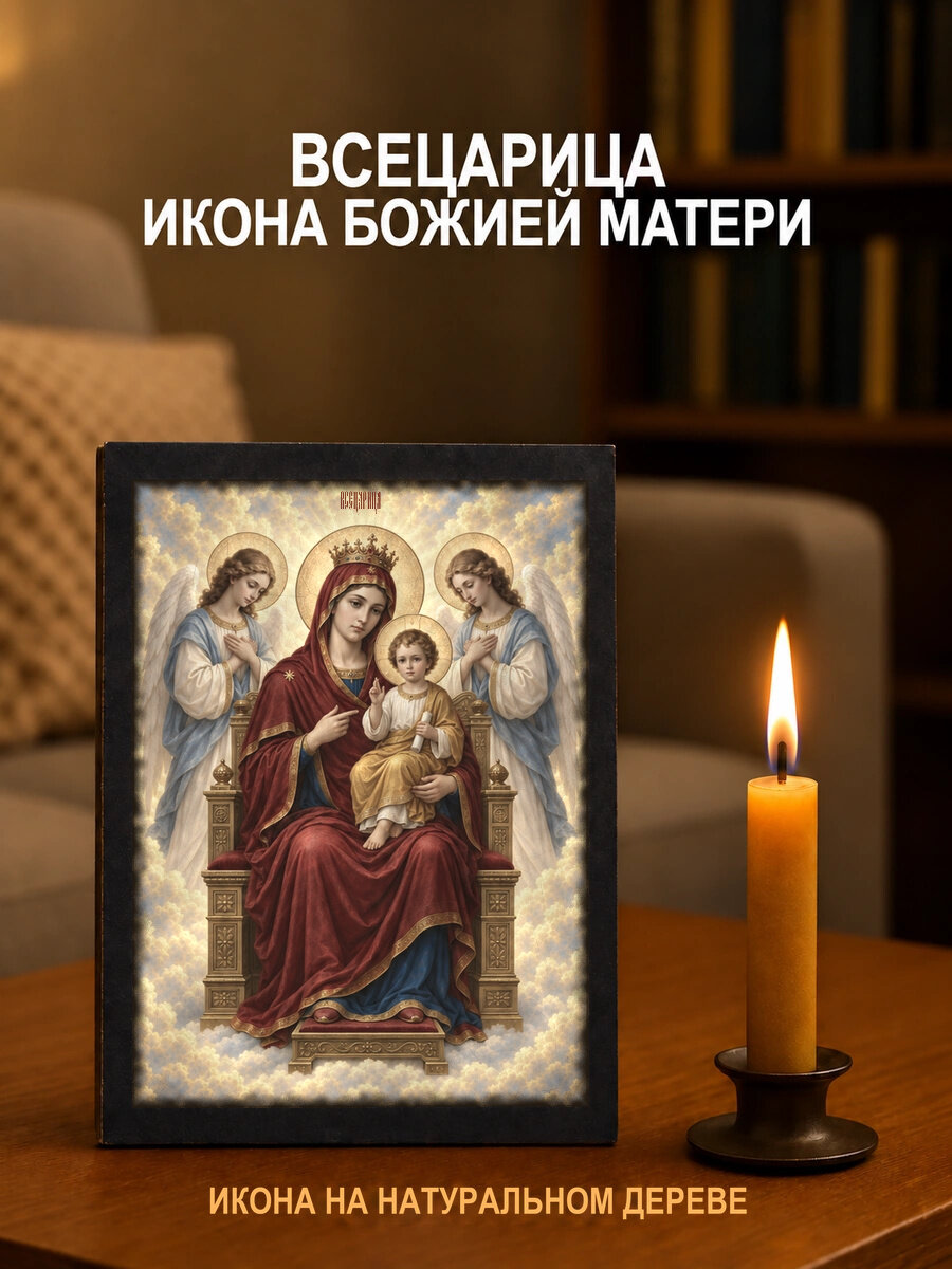 Икона «Всецарица икона Божией Матери» на натуральном дереве, 15×18 см, храмовая живопись, потёртое золото