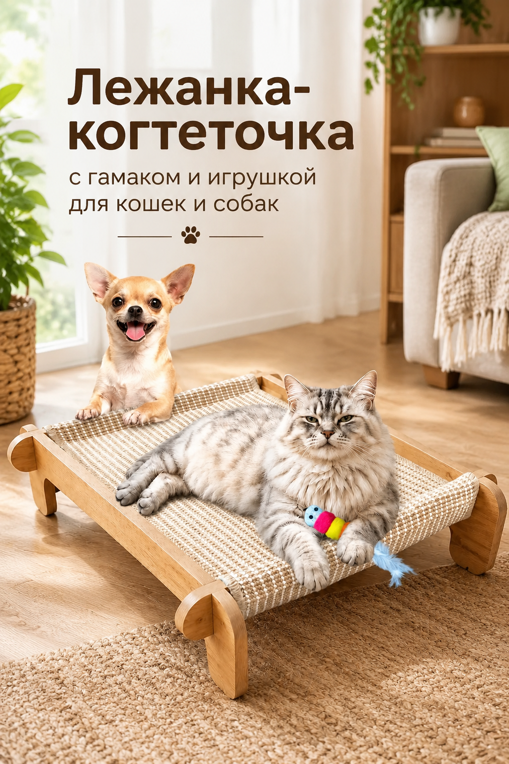 Напольная лежанка-когтеточка с гамаком и игрушкой для кошек и собак, 56×44×12 см
