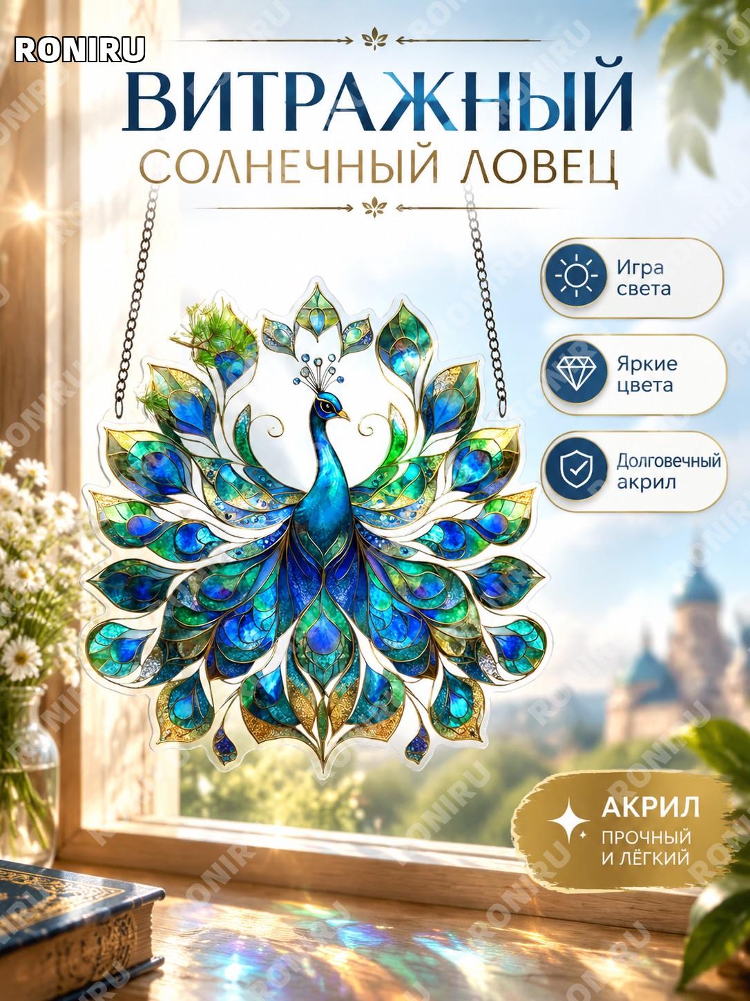 Ловец солнца витражный Ангел-воин с птицами и цветами 15×15×0.3 см, акрил, цвет 32 для окна и интерьера украшение