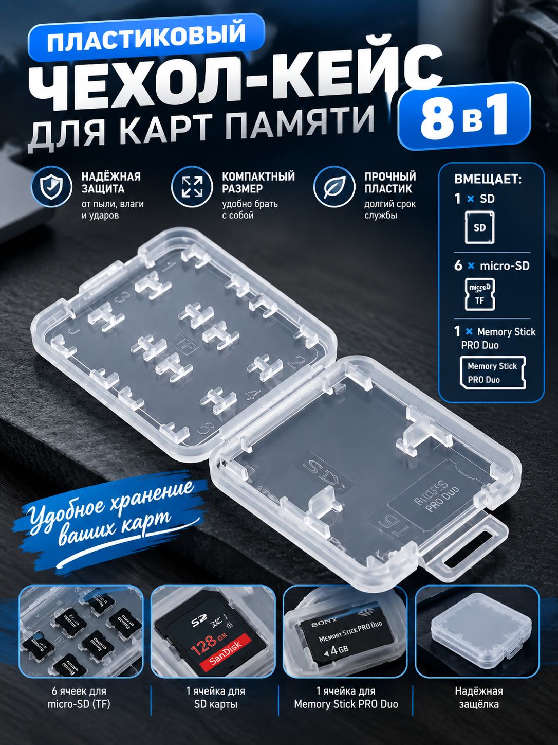 Чехол кейс футляр 8-в-1 для хранения карт памяти 1 SD + 6 Micro-SD TF + 1 Memory Stick PRO Duo, 1 шт