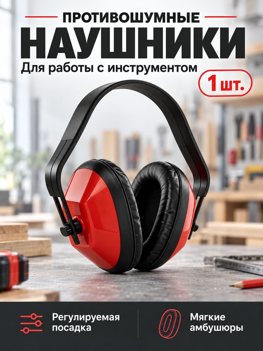 Противошумные наушники для работы с инструментом и ремонта, регулируемые, 1 шт.