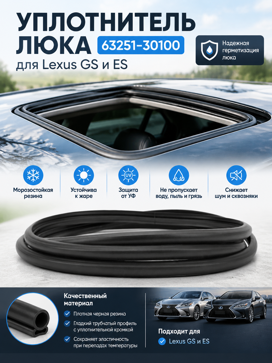 Уплотнительная планка люка 63251-30100 для Lexus ES и GS, черный герметичный резиновый уплотнитель