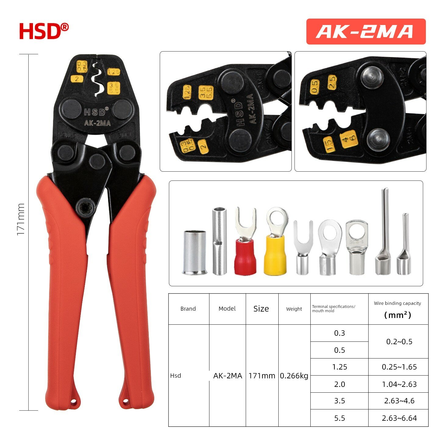HSD AK-2MA Инструмент для обжима провода с пружиной, точные клещи для клемм 0.3-5.5 мм²