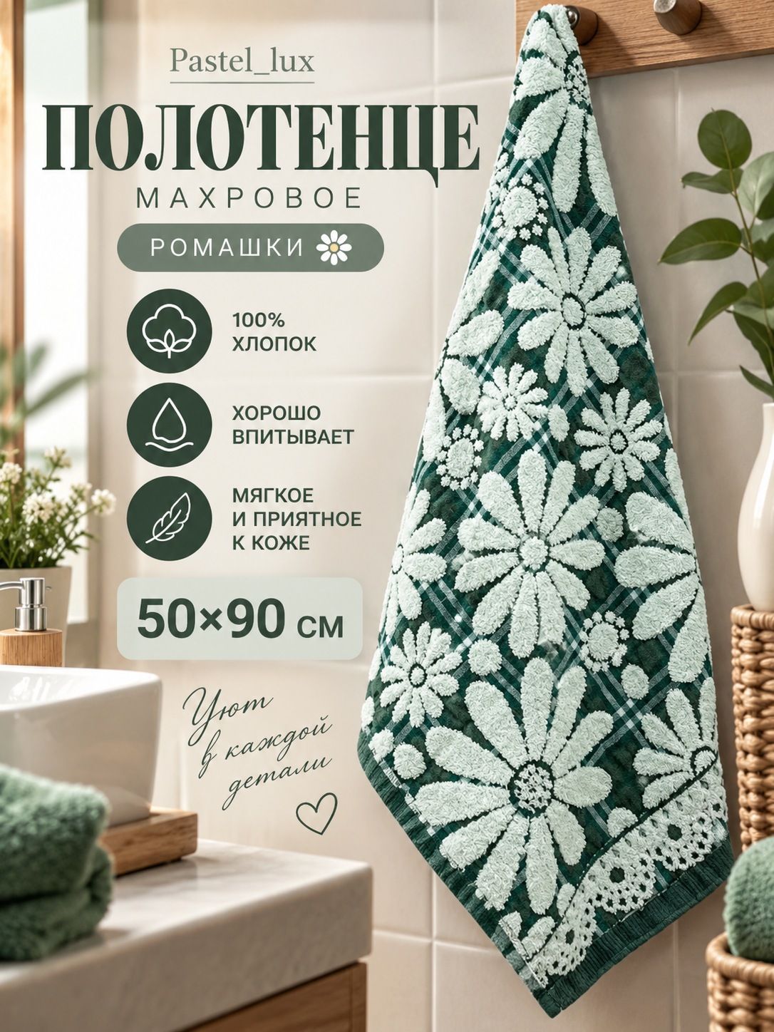Полотенце 50х90 см, хлопок, Pastel_lux махровое ромашки, для ванной для дома и дачи банное для лица и рук впитывающее