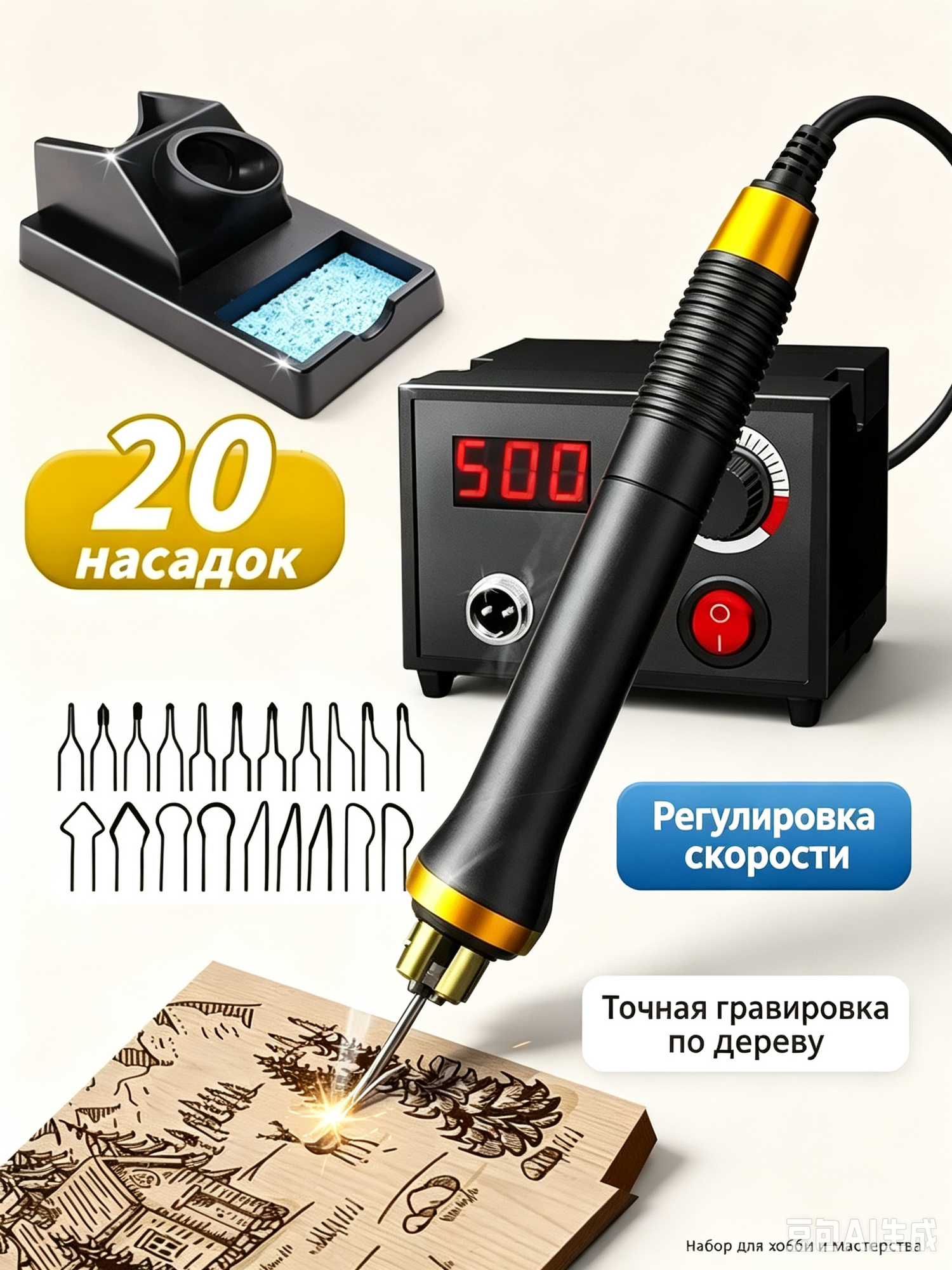 Набор для выжигания по дереву с 20 насадками и цифровым контролем температуры