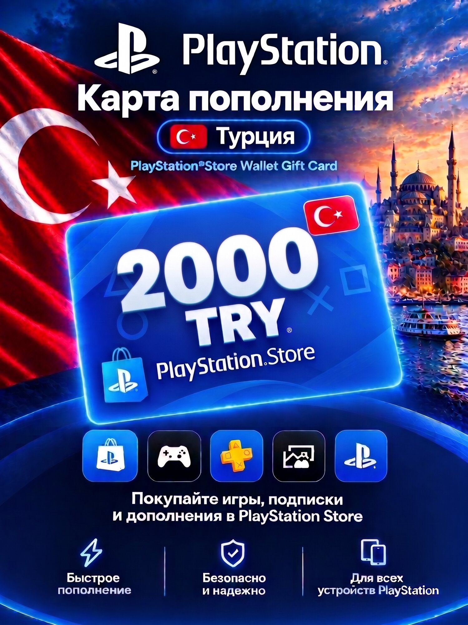 Карта пополнения PlayStation Store 2000 TRL / Турция / Цифровой код, пополнение счета