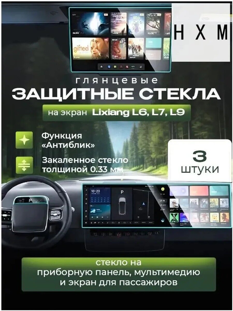 Защитное стекло (3 шт.) для Lixiang L6, Lixiang L7, Lixiang L9 ( Li6, Li7, Li9) Лисян Л6, Лисян Л7, Лисян Л9 Глянцевое